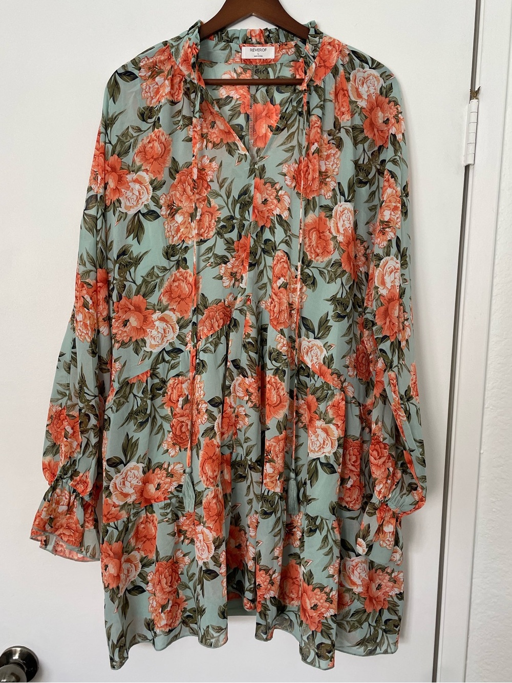 Floral Mini Dress L Sage Green Tiered Boho Tassel Long Sleeve Cottagecore Garden